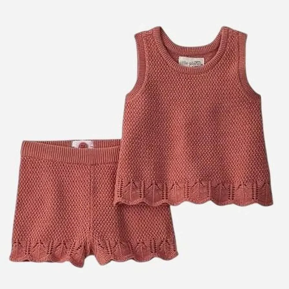 Little Planet Organic Cotton Pointelle Sweater Knit Bloomer Set Rust Coral 0-3m